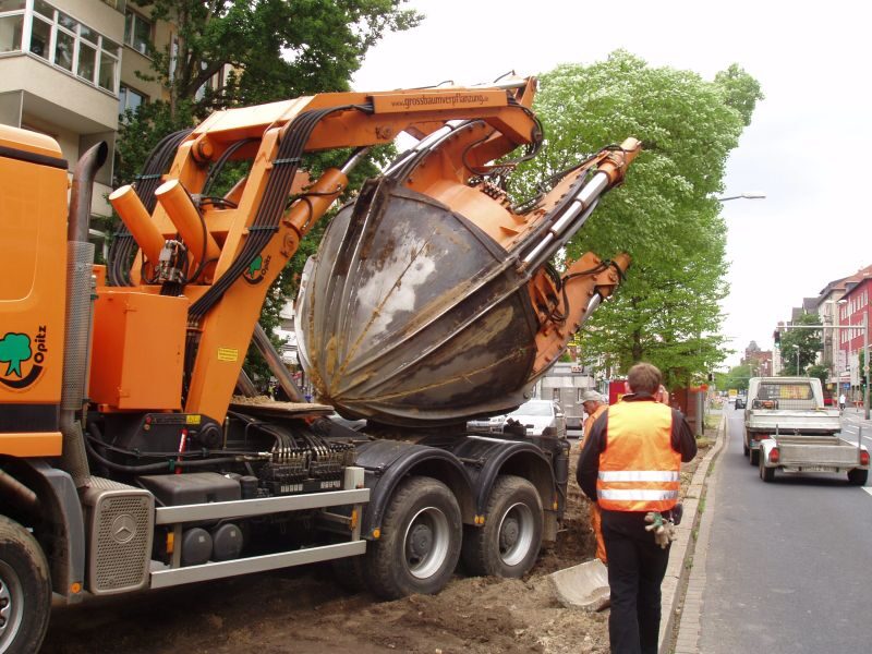 Antransport einer Großlinde am zukünftigen Standort des Hagenringes mit der Großbaumverpflanzmaschine (Wird bei Klick vergrößert)