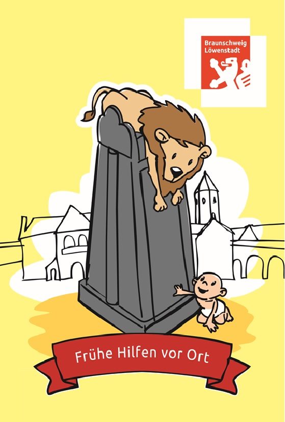Plakat Frühe Hilfen vor Ort (Zeichnung Löwe im Wohnmobil und Baby daneben) (Wird bei Klick vergrößert)