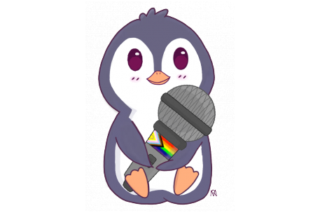 Logo von Pebbles - ein Pinguin mit Mikrofon und Prideflag