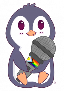 Logo von Pebbles - ein Pinguin mit Mikrofon und Prideflag