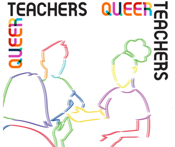 Queer Teachers Schriftzug und Personensilhouetten bunt gezeichnet