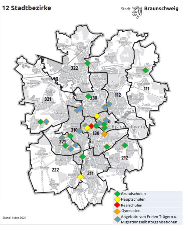 Eine Karte von Braunschweig mit Punkten, die anzeigen wo im Stadtgebiet sich Angebote befinden (Wird bei Klick vergrößert)