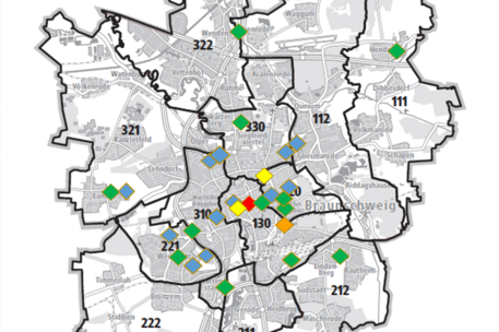 Eine Karte von Braunschweig mit angezeigten Orten von Spracförderangeboten