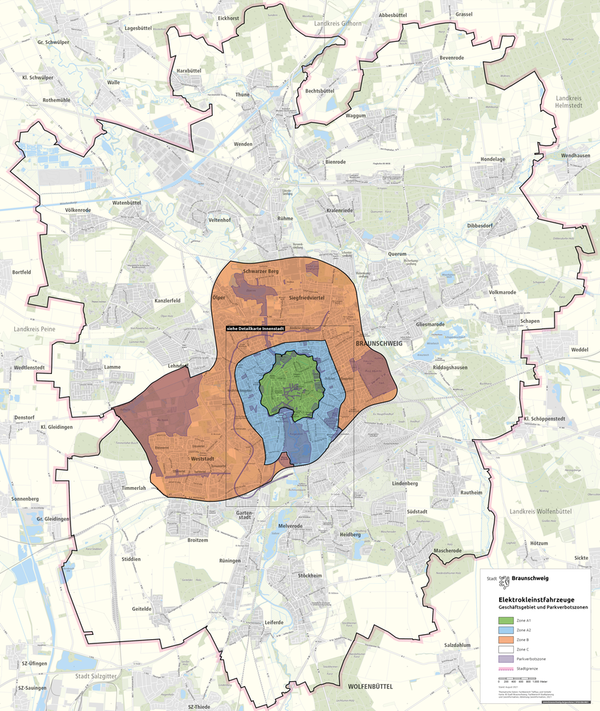 E-Tretrollersharing: Geschäftsgebiet und Parkverbotszonen der Stadt Braunschweig (Wird bei Klick vergrößert)
