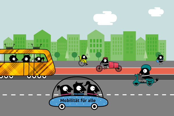 Grafik: Das Motto der Europäischen Mobilitätswoche 2025 ist „Mobilität für alle“. Abgebildet sind schwarze Figuren in Autos, auf Rollern, in der Straßenbahn, auf Lastenrädern und weiteren Mobilitätsformen
