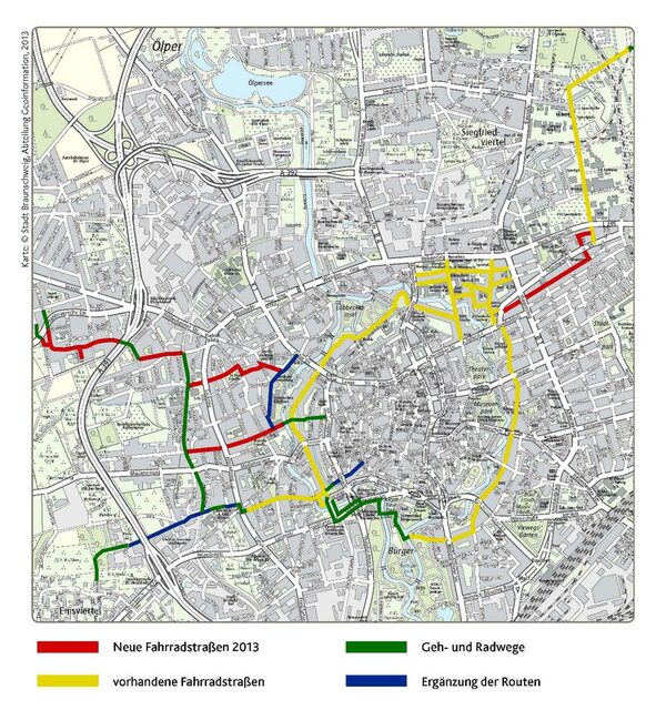 Übersicht über alle Fahrradstraßen-Routen in Braunschweig (Wird bei Klick vergrößert)