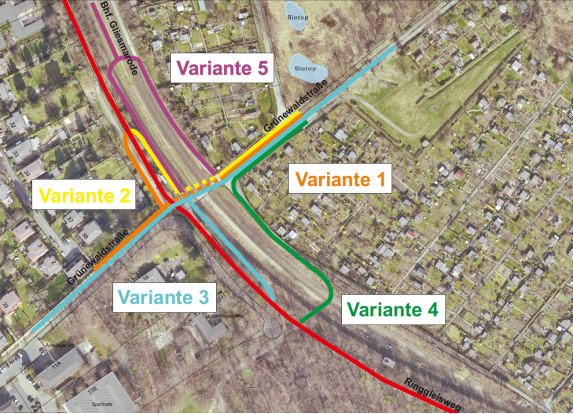 Übersicht der Varianten für die Variantenuntersuchung für eine Geh- und Radwegunter- überführung als Ersatz für den BÜ Grünewaldstraße (Wird bei Klick vergrößert)