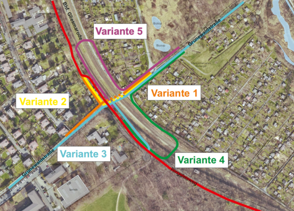 Übersicht der Varianten (Varianten 1 und 2: Unterführungen, Varianten 3,4 und 5: Überführungen) (Wird bei Klick vergrößert)