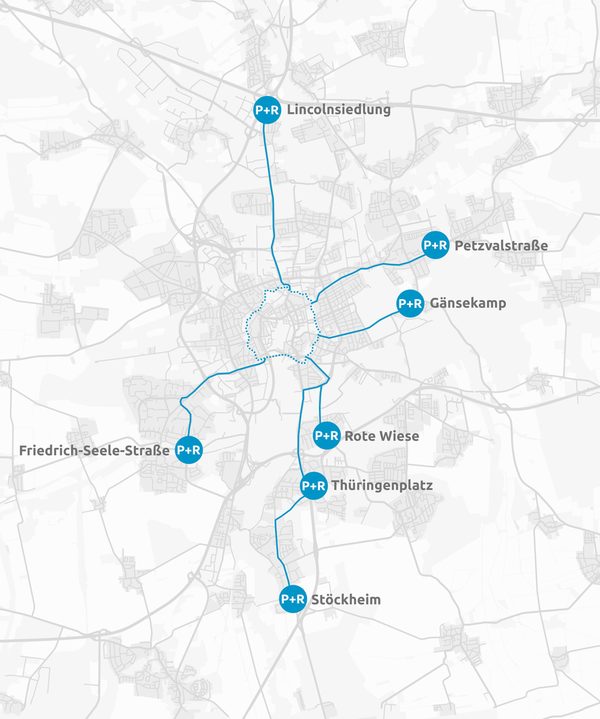 Übersicht der Park and Ride Standorte in Braunschweig. (Wird bei Klick vergrößert)