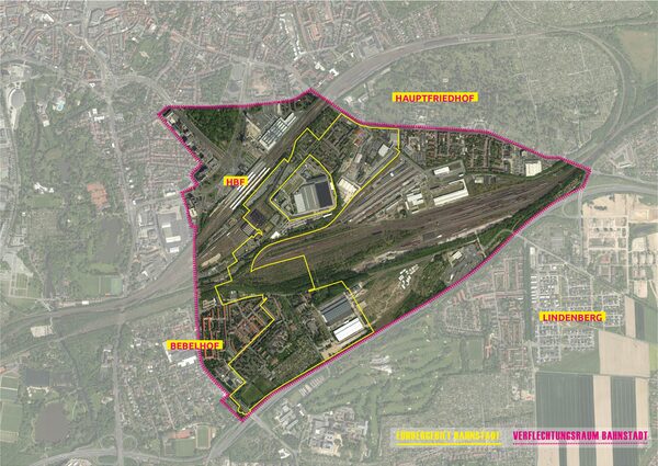 Luftbild mit Kennzeichnung des Fördergebiets Bahnstadt und Verflechtungsraum (Wird bei Klick vergrößert)