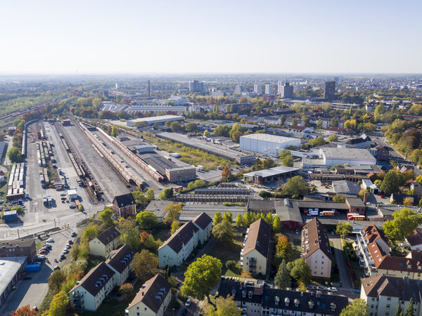 Foto aus Drohnenüberflug des Hauptgüterbahnhofs und angrenzender Flächen