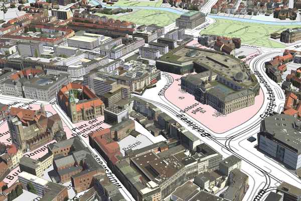 Das Bild zeigt das texturierte Stadtmodell zusammen mit der Stadtkarte, die als Untergrund dargestellt ist. (Wird bei Klick vergrößert)