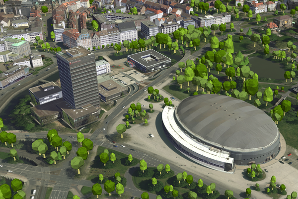 Das Bild zeigt einen Ausschnitt aus dem 3D-Stadtmodell mit Bäumen und dem aktuellen Luftbild als Untergrund.