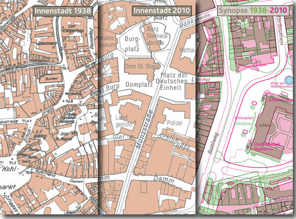 Inhalt der Kartenmappe: Karten der Innenstadt von 1938, 2010 und Synoptische Karte (Wird bei Klick vergrößert)