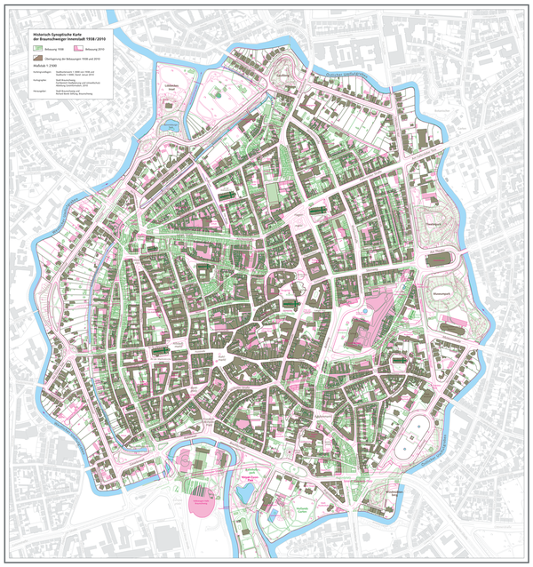 Historisch-Synoptische Karte: Überlagerung der Stadtgrundrisse von 1938 und 2010 innerhalb der Okerumflutgräben (Wird bei Klick vergrößert)