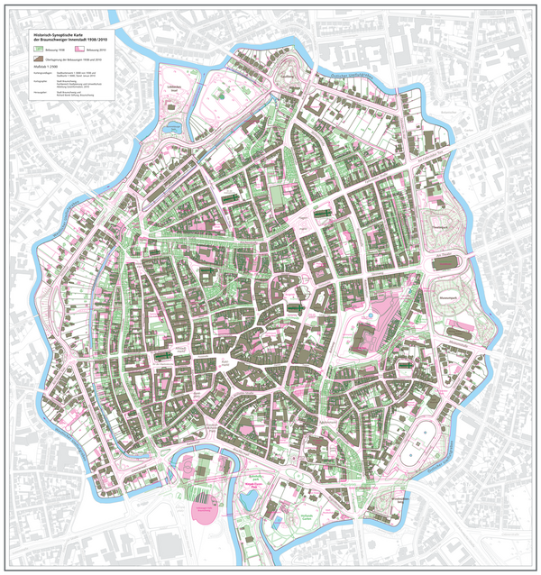 Historisch-Synoptische Karte: Überlagerung der Stadtgrundrisse von 1938 und 2010 innerhalb der Okerumflutgräben (Wird bei Klick vergrößert)