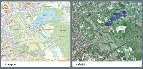 Vergleichende Gegenüberstellung von Karte und Luftbild (Wird bei Klick vergrößert)