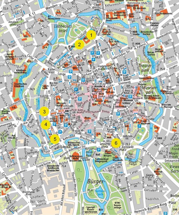 Bekannte Reste mittelalterlicher Stadtmauern in Braunschweig (Wird bei Klick vergrößert)