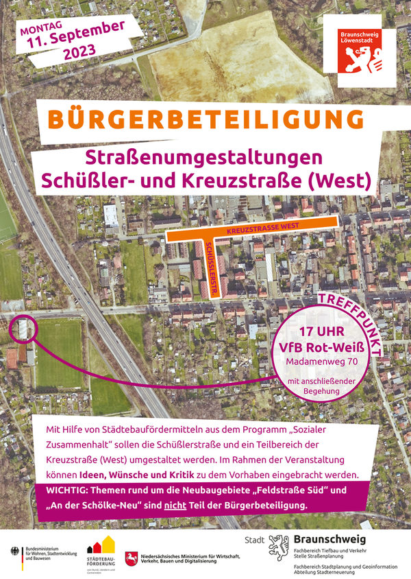 Plakat zur Bürgerbeteiligung der Straßenumgestaltungen Schüßler- und Kreuzstraße (West) (Wird bei Klick vergrößert)