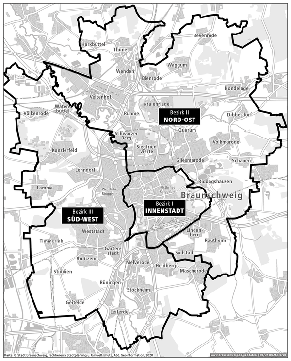 Stadtkarte mit den Grenzen für verschiedene Baubezirke (Wird bei Klick vergrößert)