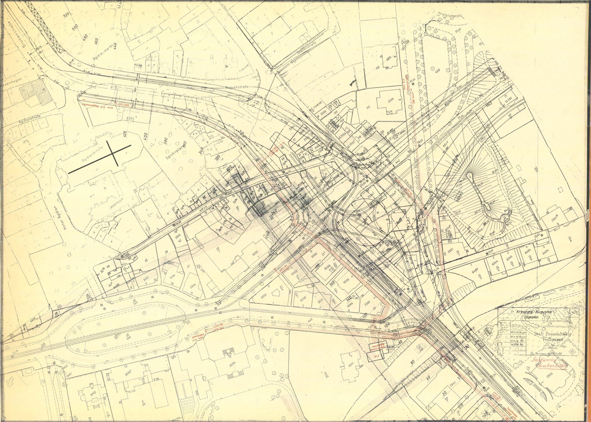 Augusttorbrücke, Lageplan für den Brückenneubau, 1957 (Wird bei Klick vergrößert)