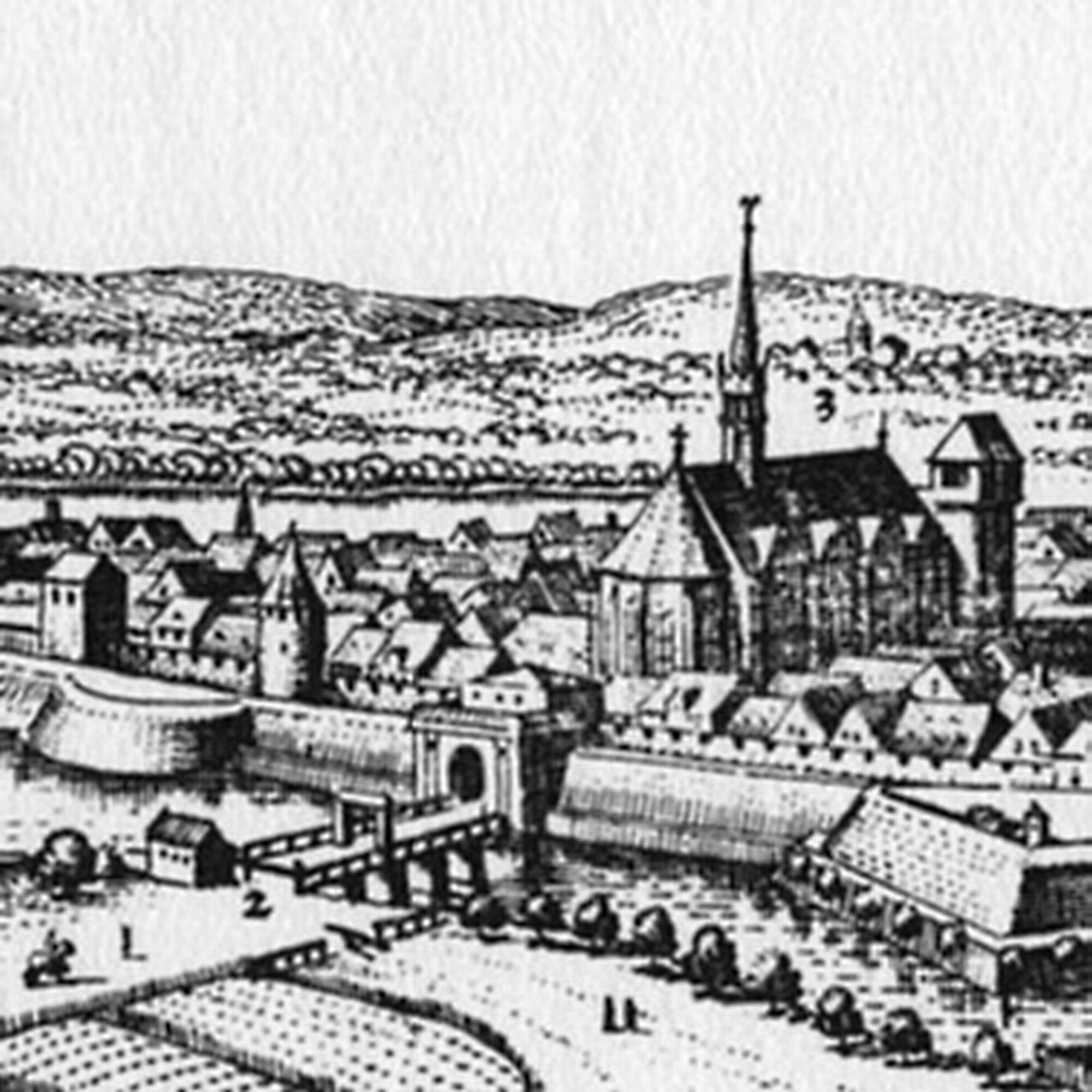 Augusttorbrücke, Merian 1654 (Wird bei Klick vergrößert)