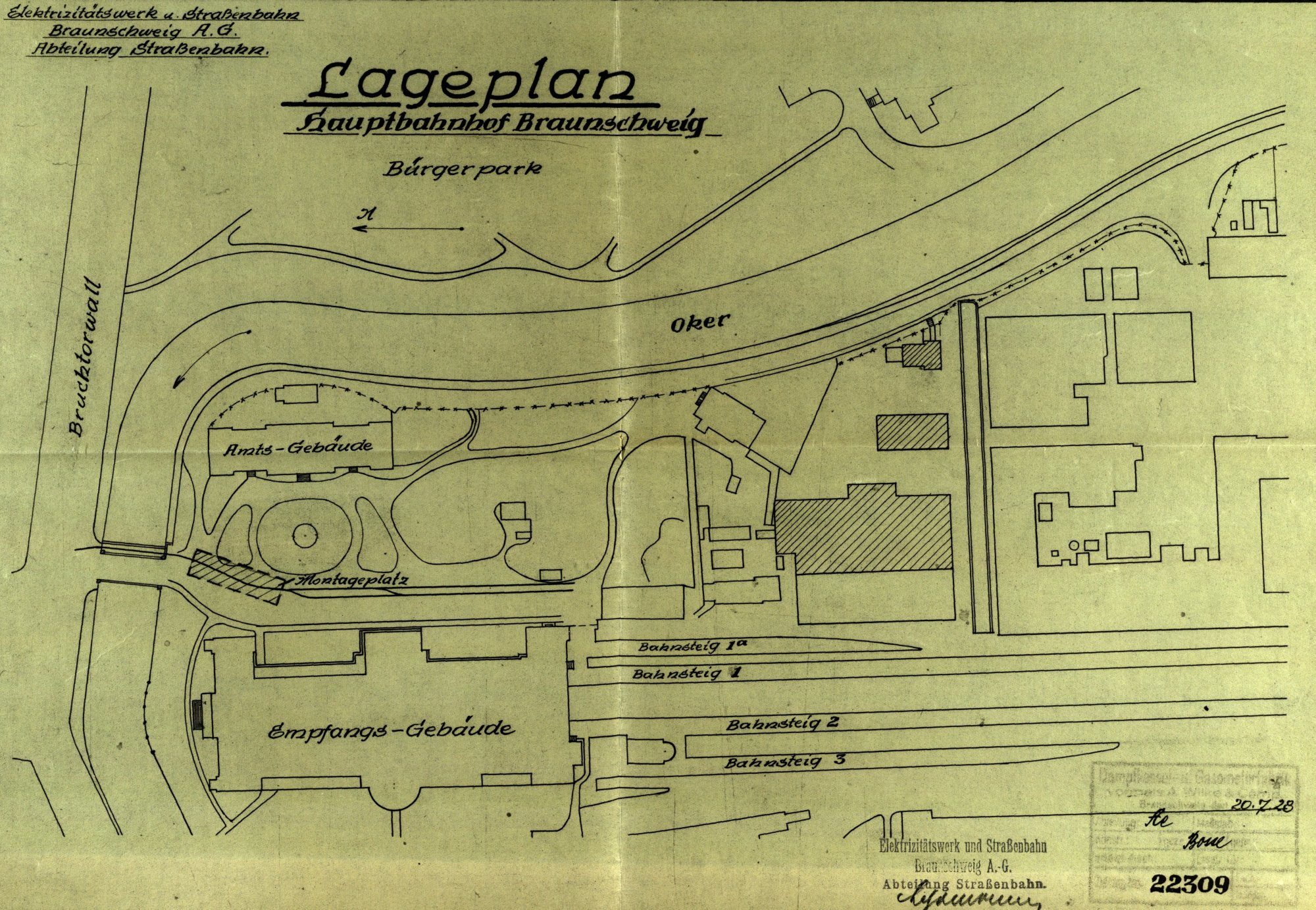 Bahnhofsbrücke,  Alter Hauptbahnhof, Lageplan, 1928 (Wird bei Klick vergrößert)