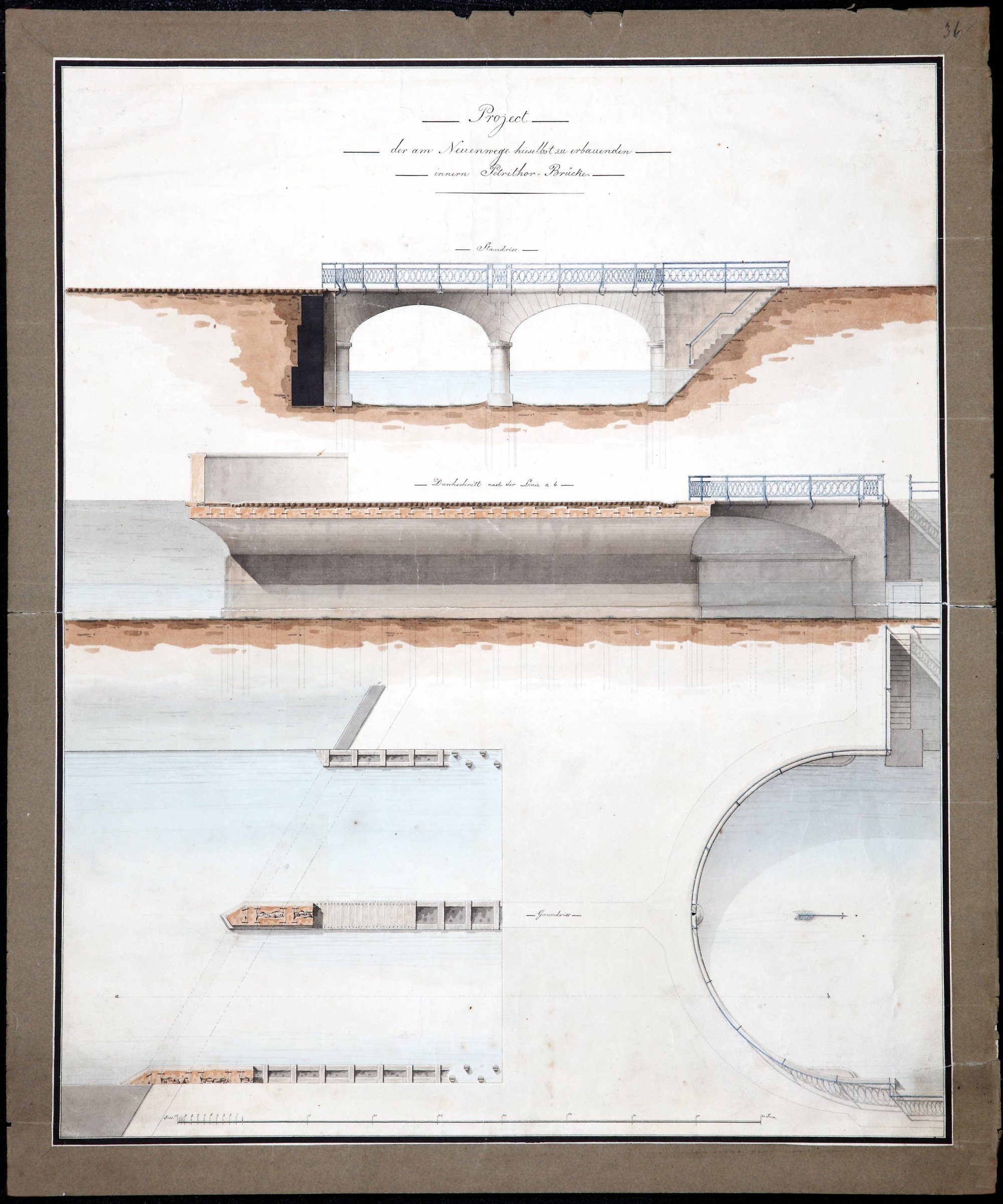 Brücke Neues Petritor, Entwurfszeichnung von Krahe, Ansicht, Längsschnitt und Grundriss, 1819 (Wird bei Klick vergrößert)