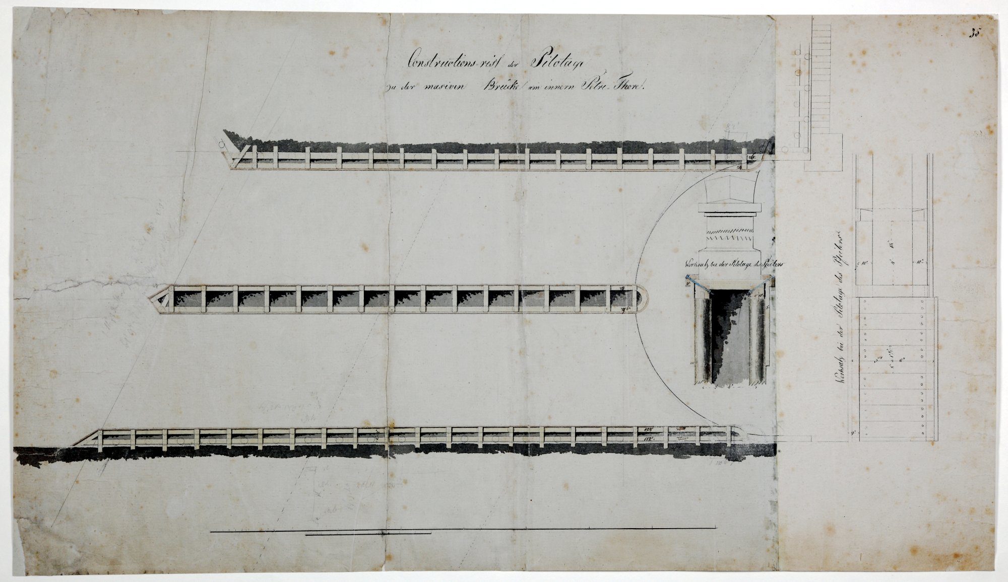 Brücke Neues Petritor, Entwurfszeichnung von Krahe, Pfahlgründung, 1819 (Wird bei Klick vergrößert)