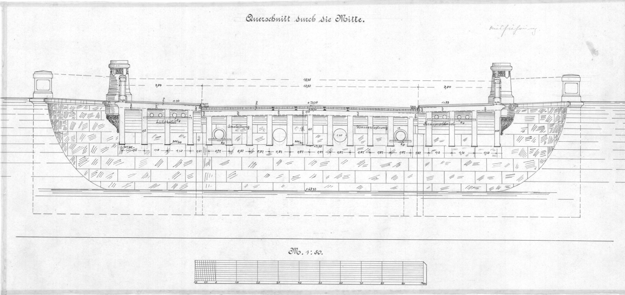 Fallerslebertorbrücke, Querschnitt durch die Mitte, 1904 (Wird bei Klick vergrößert)