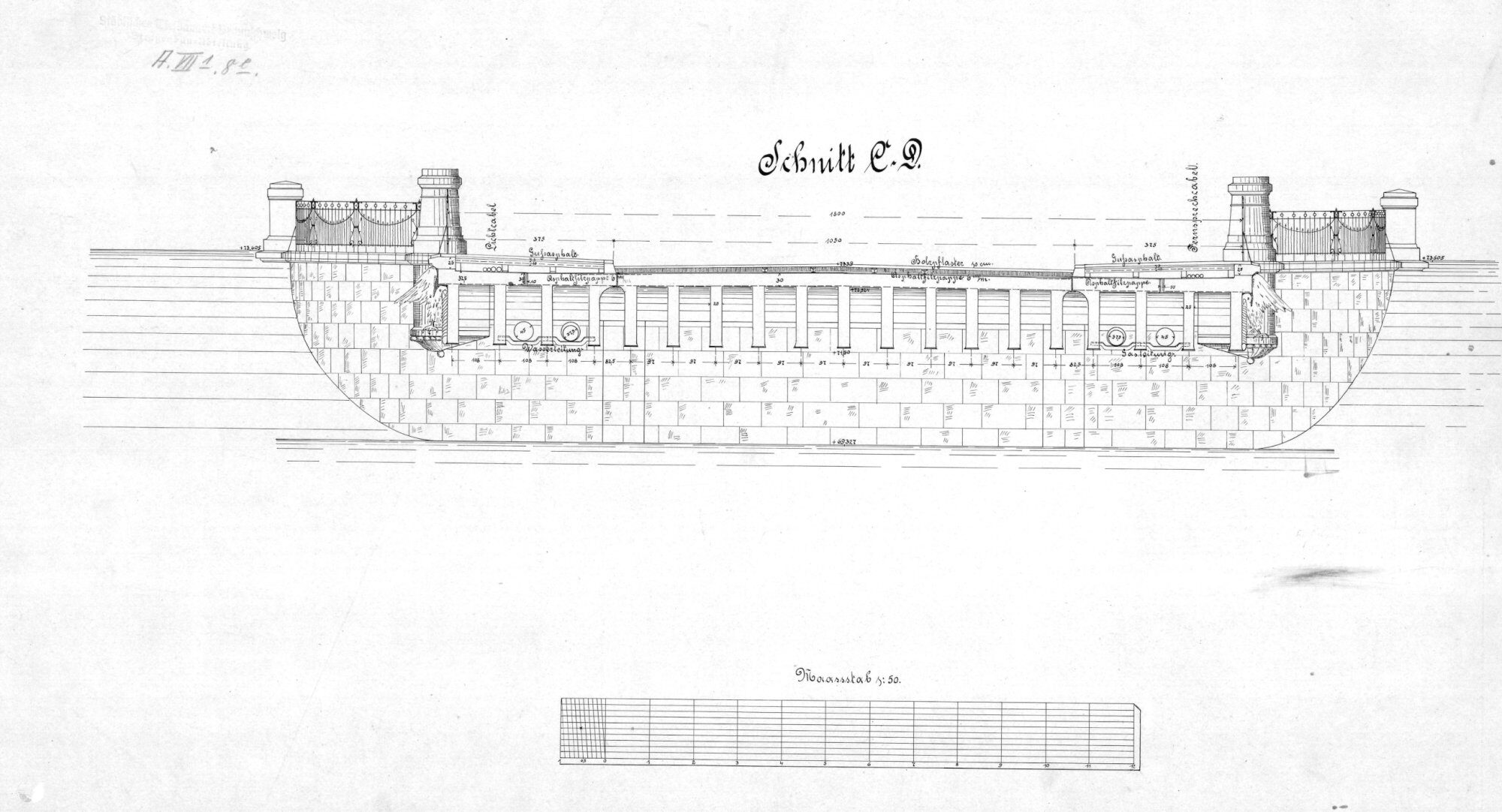 Fallerslebertorbrücke, Querschnitt c-d, 1904 (Wird bei Klick vergrößert)