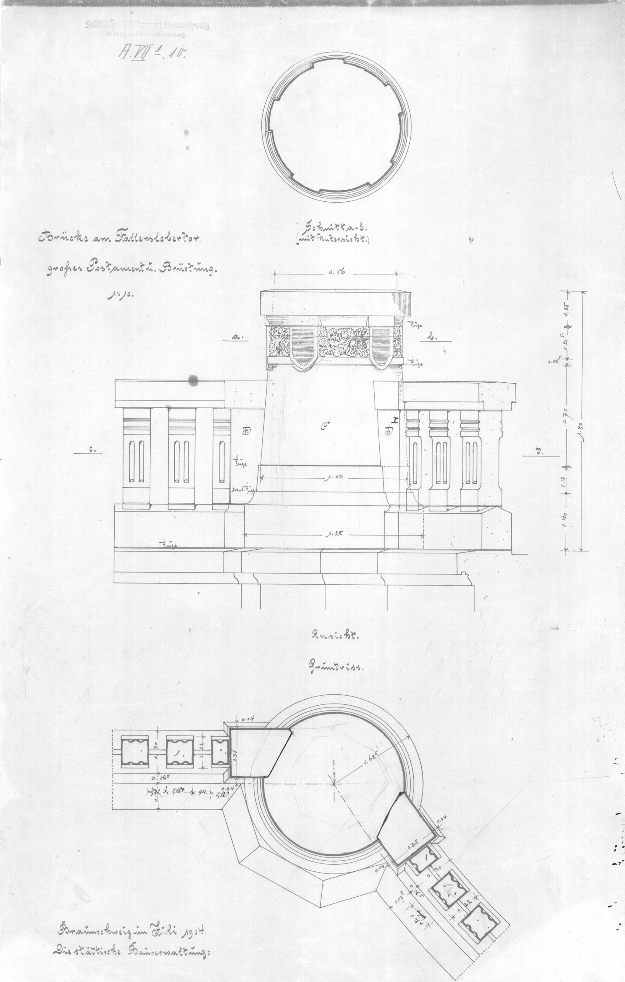 Fallerslebertorbrücke, Postament der Brüstung, 1904 (Wird bei Klick vergrößert)