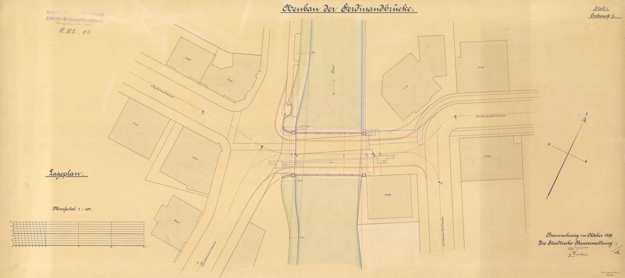 Ferdinandbrücke, 1. Entwurf, Lageplan, 1899 (Wird bei Klick vergrößert)