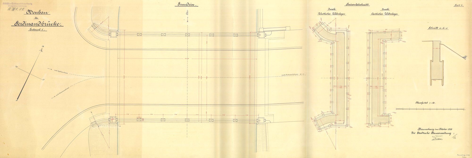 Ferdinandbrücke, 1. Entwurf, Grundriss, 1899 (Wird bei Klick vergrößert)