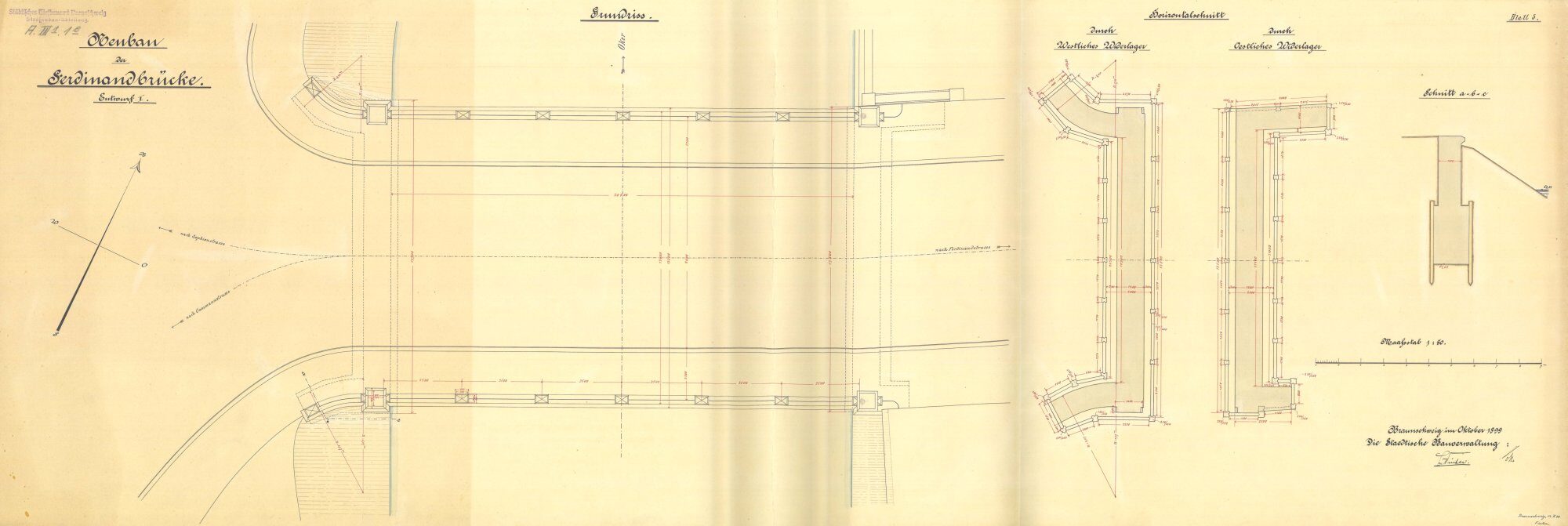 Ferdinandbrücke, 1. Entwurf, Grundriss, 1899 (Wird bei Klick vergrößert)