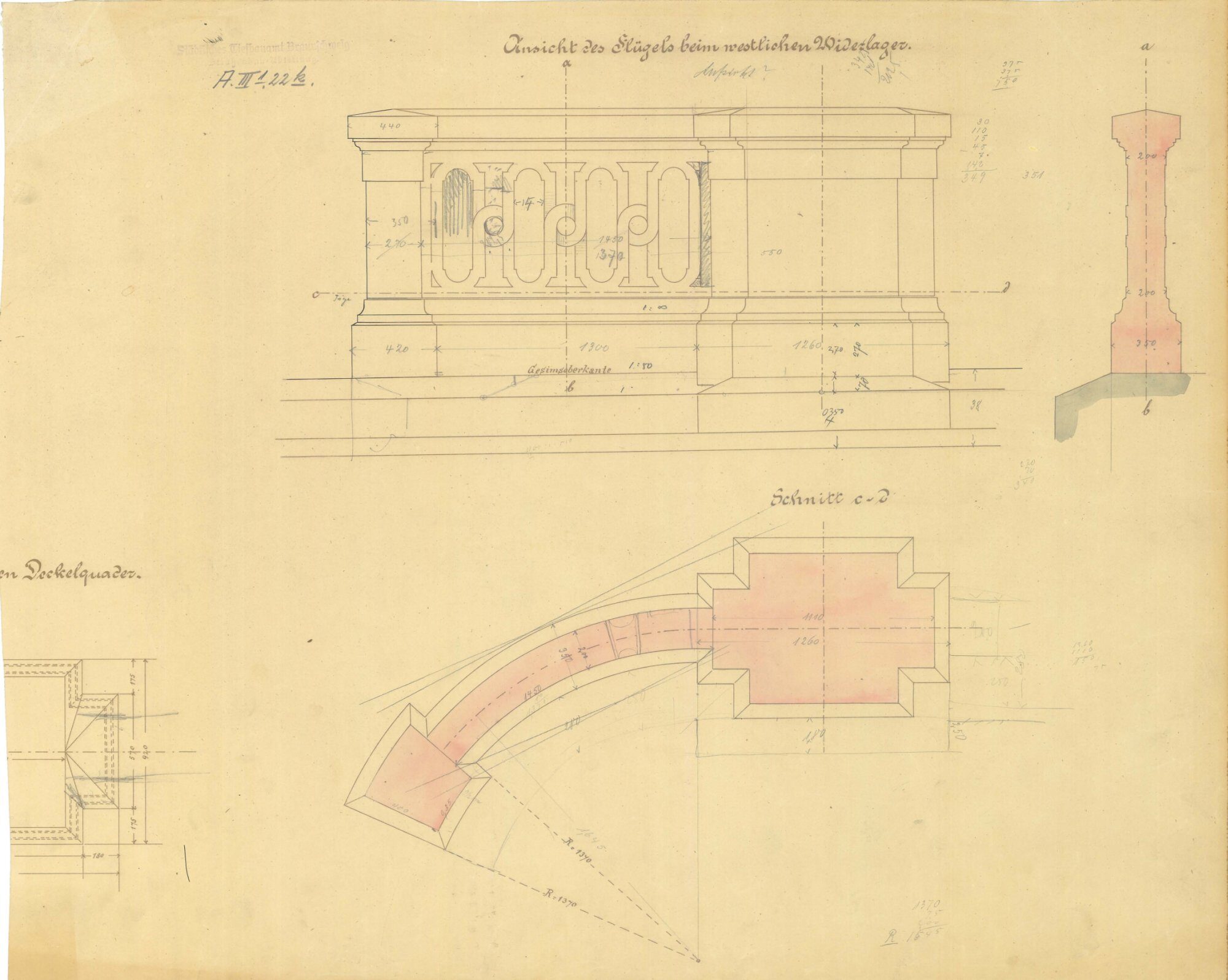 Ferdinandbrücke, Detailzeichnungen der Brüstung am Brückenkopf, 1900 (Wird bei Klick vergrößert)