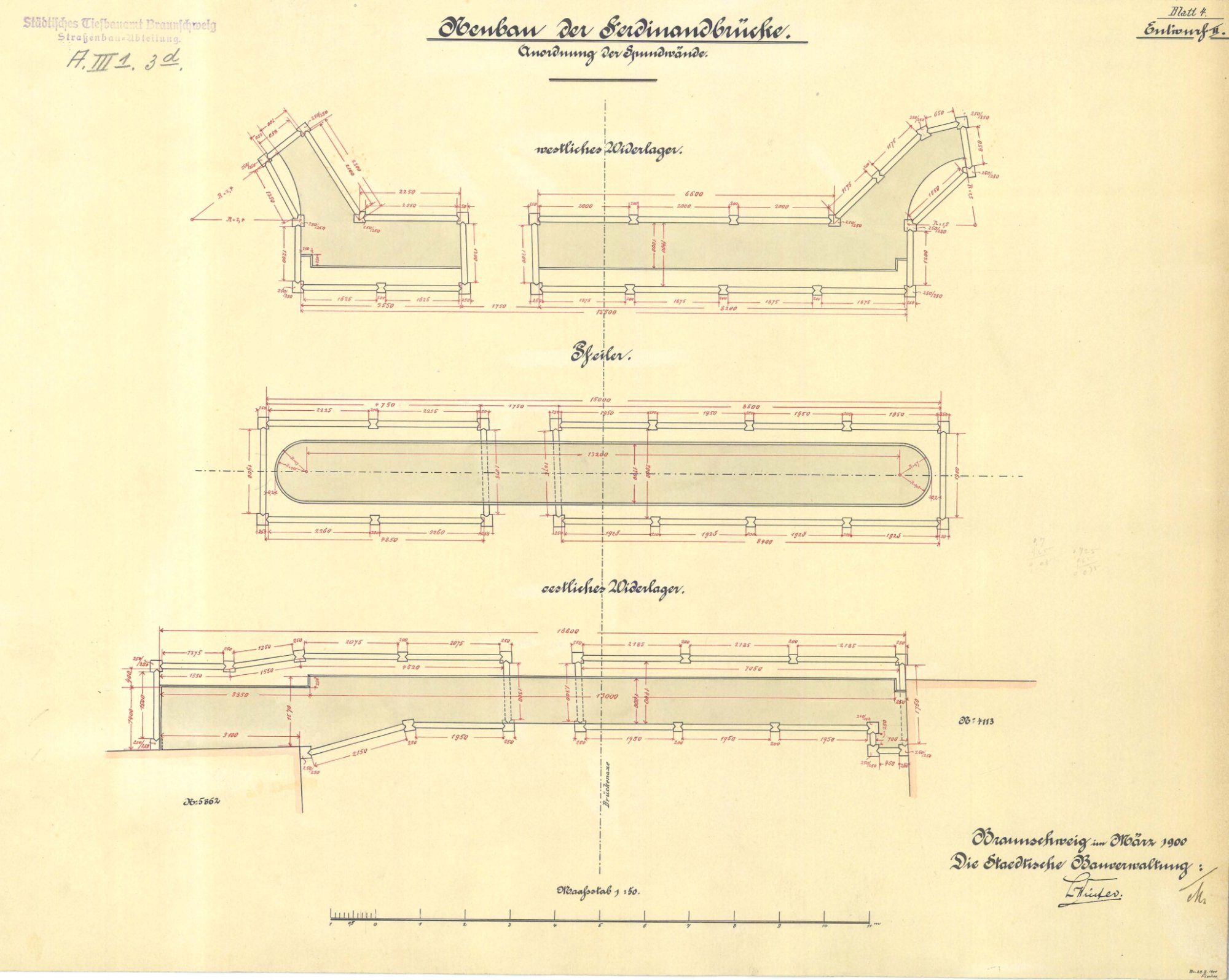 Ferdinandbrücke, Planzeichnung der Spundwände, 1900 (Wird bei Klick vergrößert)