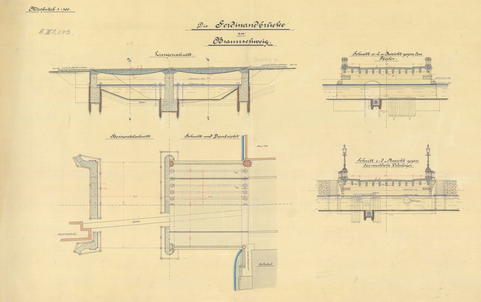 Ferdinandbrücke, Ausführungsplanung, Schnittzeichnungen und Draufsicht, 1901 (Wird bei Klick vergrößert)