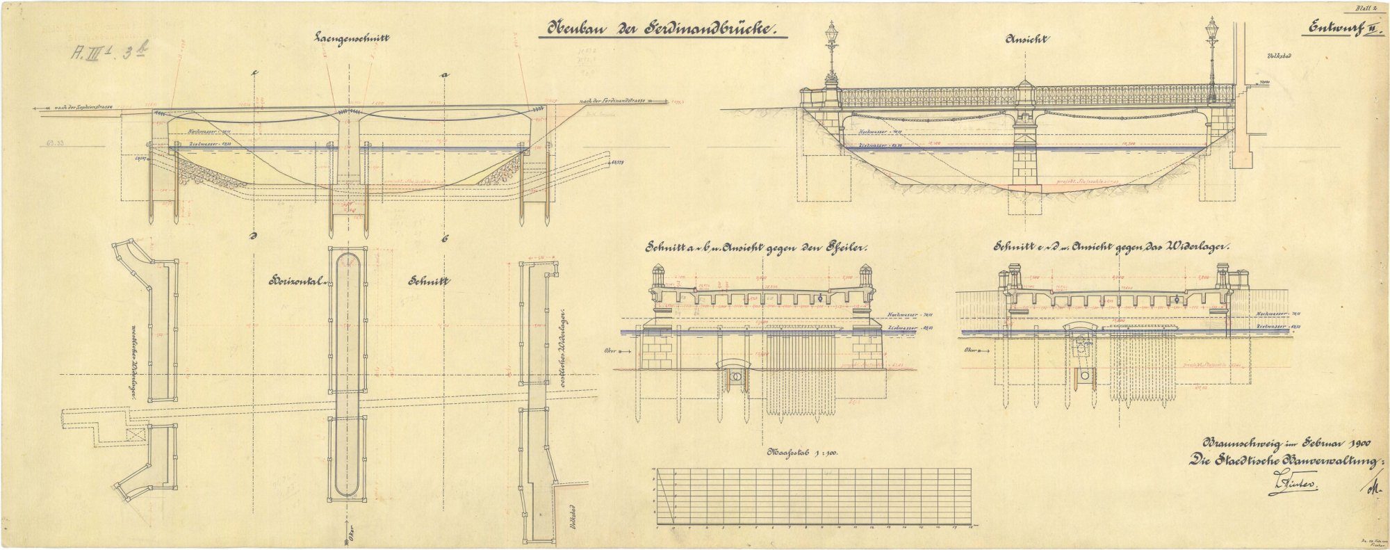 Ferdinandbrücke, Ausführungsplanung, Ansicht und Schnitte, 1901 (Wird bei Klick vergrößert)