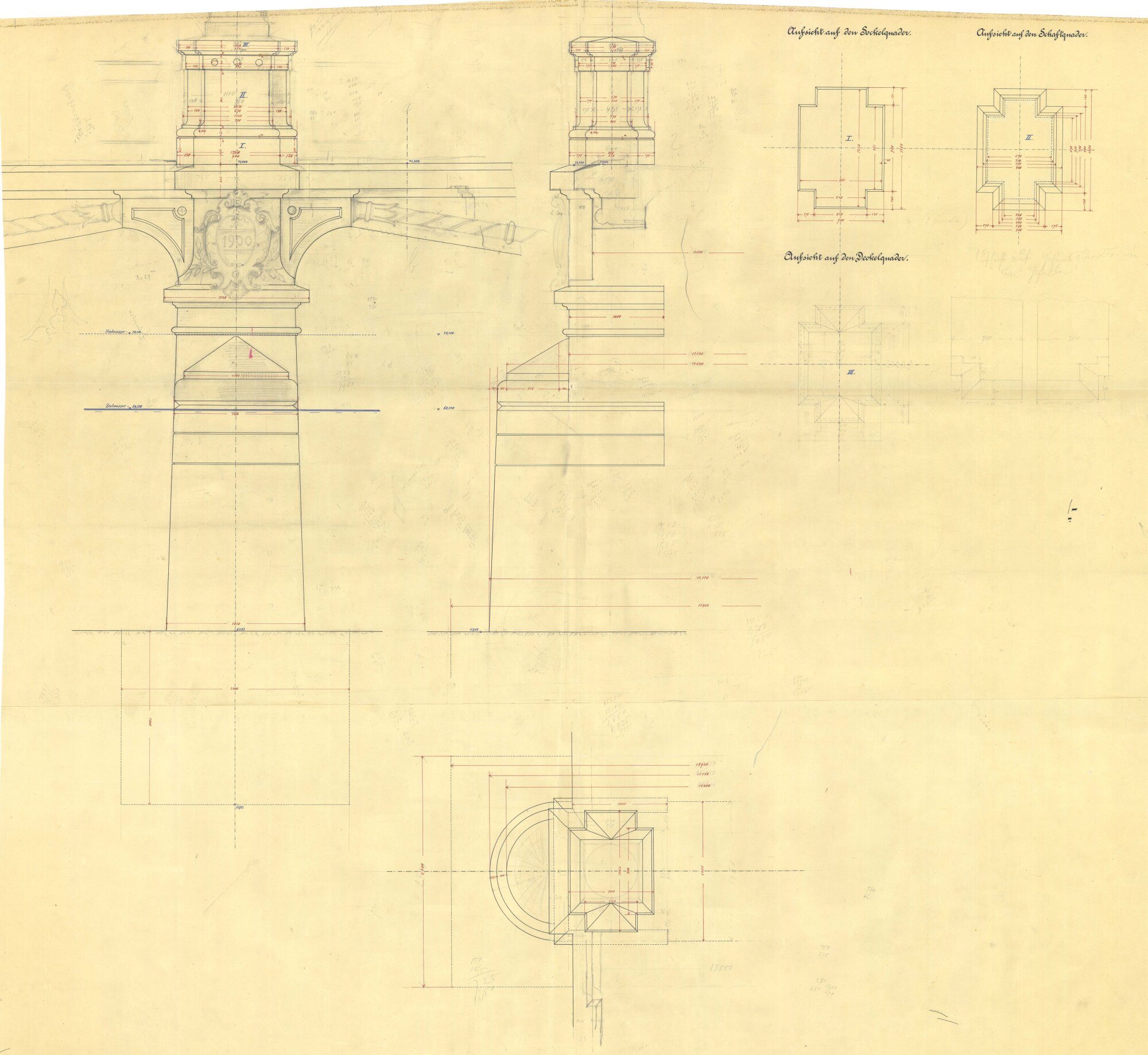 Ferdinandbrücke, Detailzeichnungen Pfeiler und Postamente, 1901 (Wird bei Klick vergrößert)