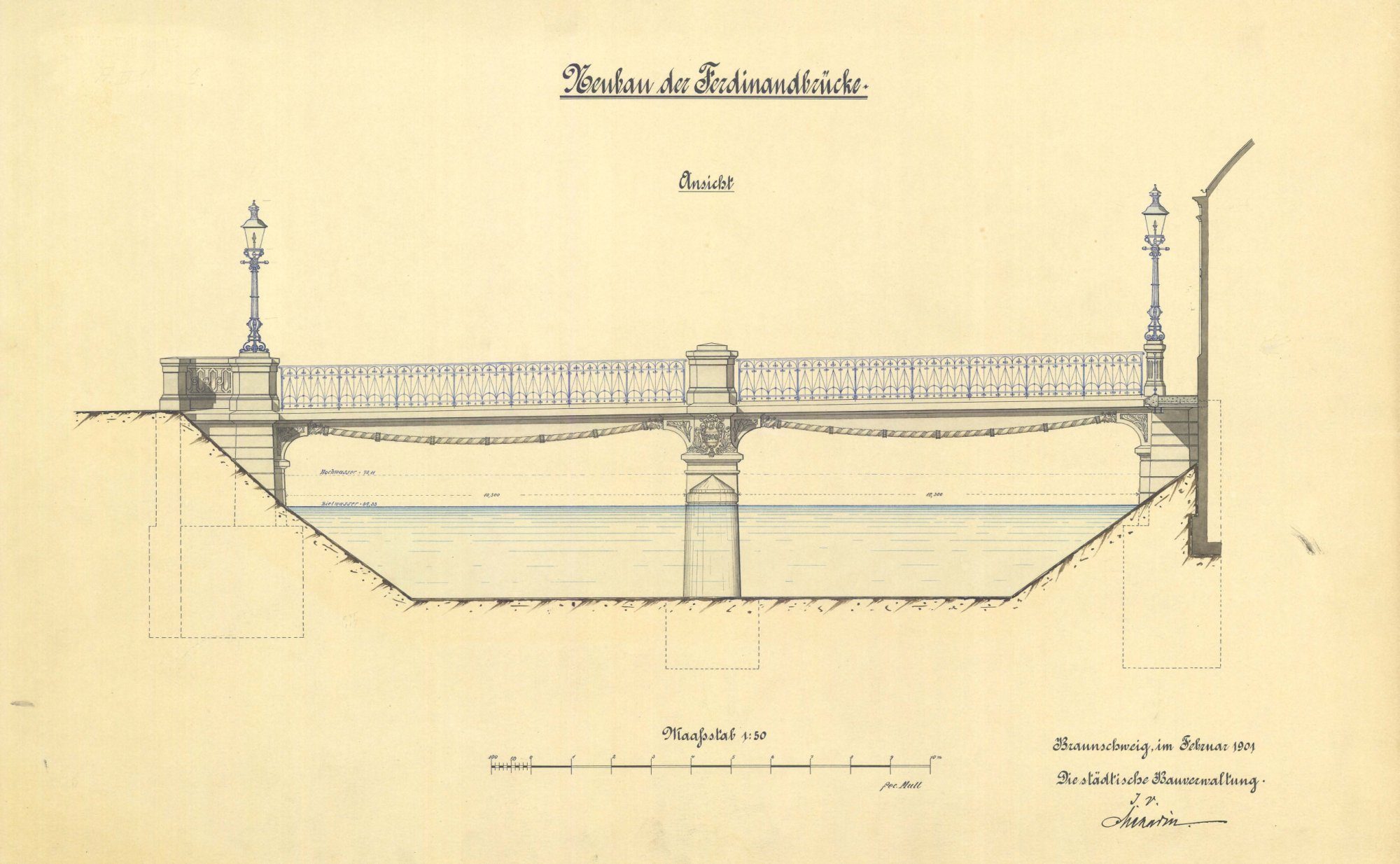 Ferdinandbrücke, Zeichnung Südansicht, 1901 (Wird bei Klick vergrößert)