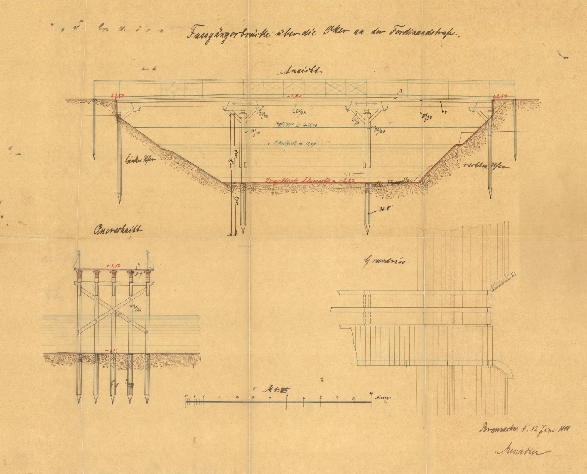 Ferdinandbrücke, Entwurfszeichnung für Fußgängerbrücke, 1888 (Wird bei Klick vergrößert)