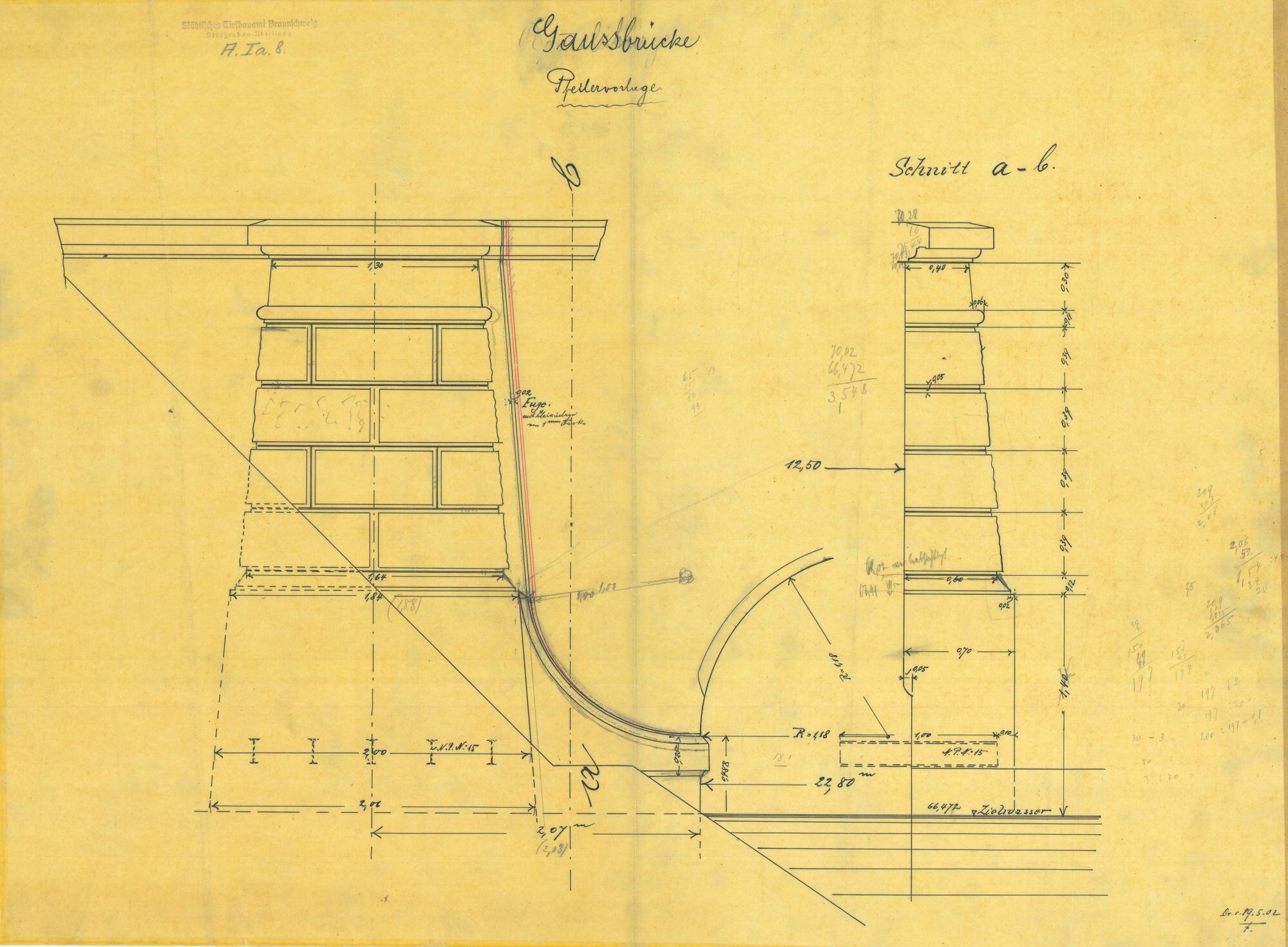 Gaußbrücke, Detailzeichnung Pfeilervorlage, 1902 (Wird bei Klick vergrößert)