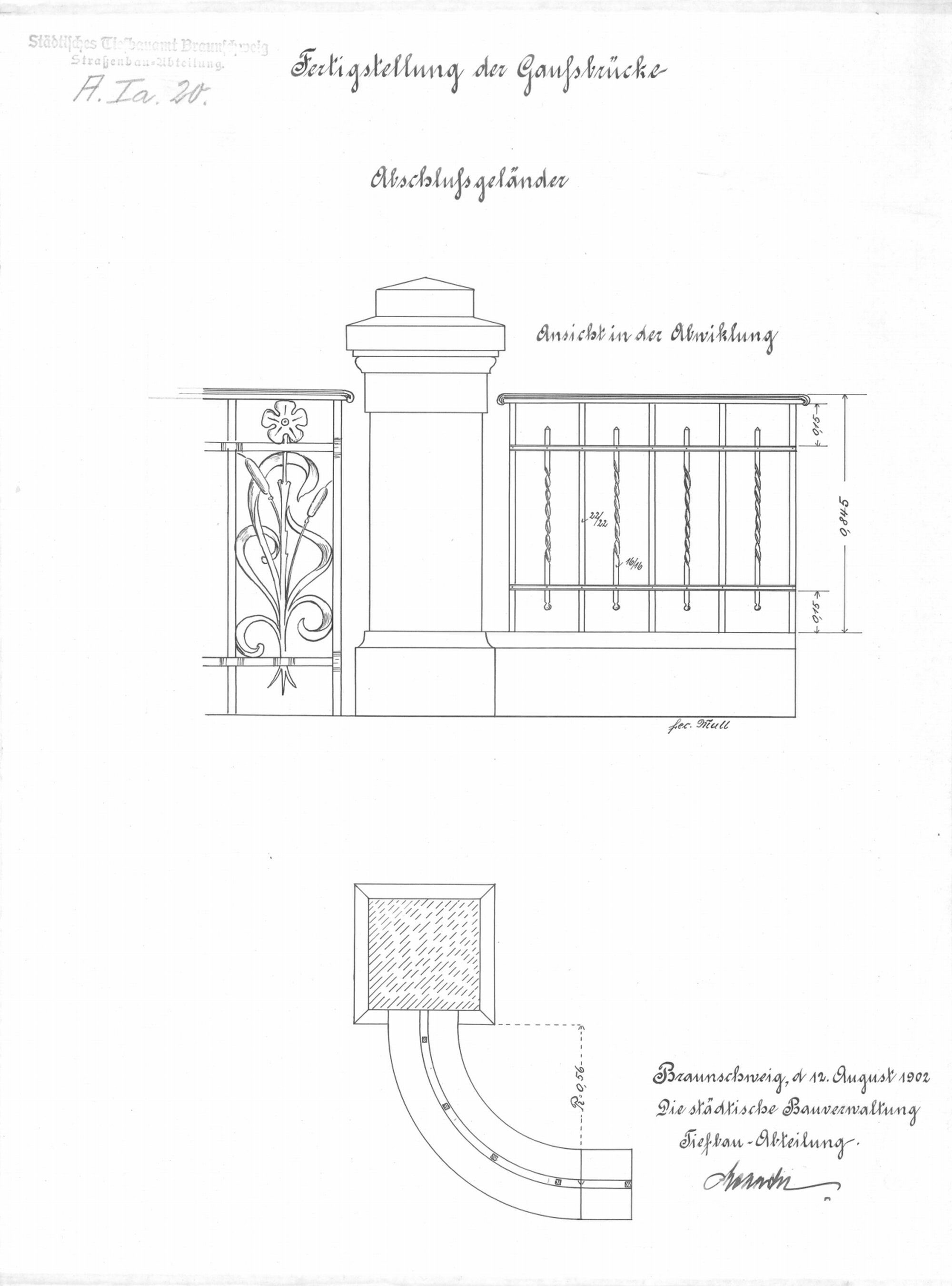 Gaußbrücke, Detailzeichnung Geländer, 1902 (Wird bei Klick vergrößert)