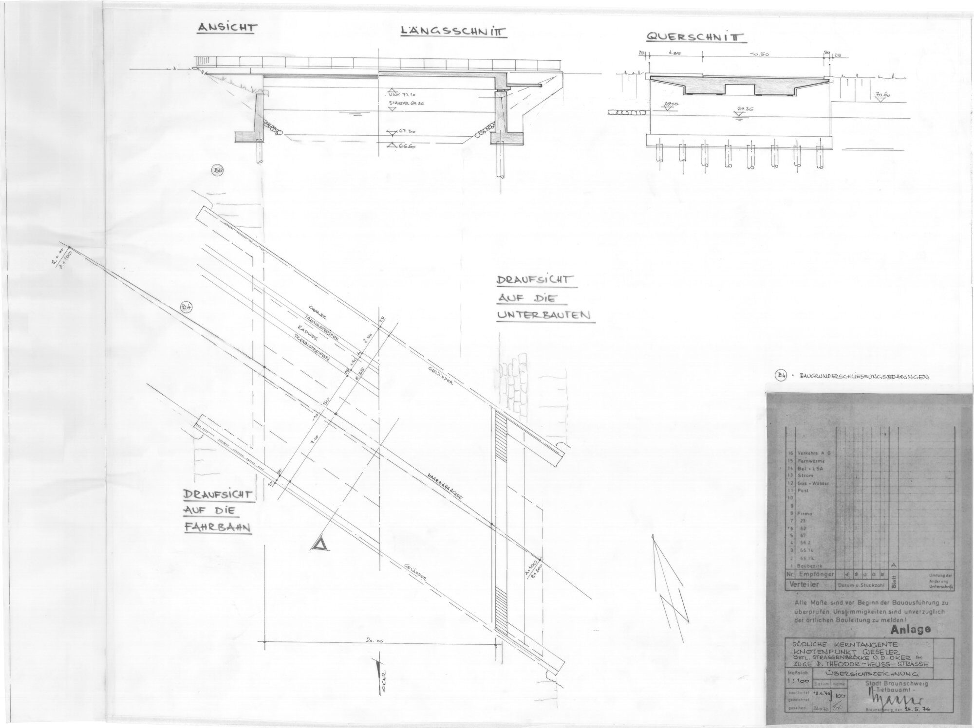 Gieselerbrücke, östliche Straßenbrücke, Ausführungsplan, 1976 (Wird bei Klick vergrößert)