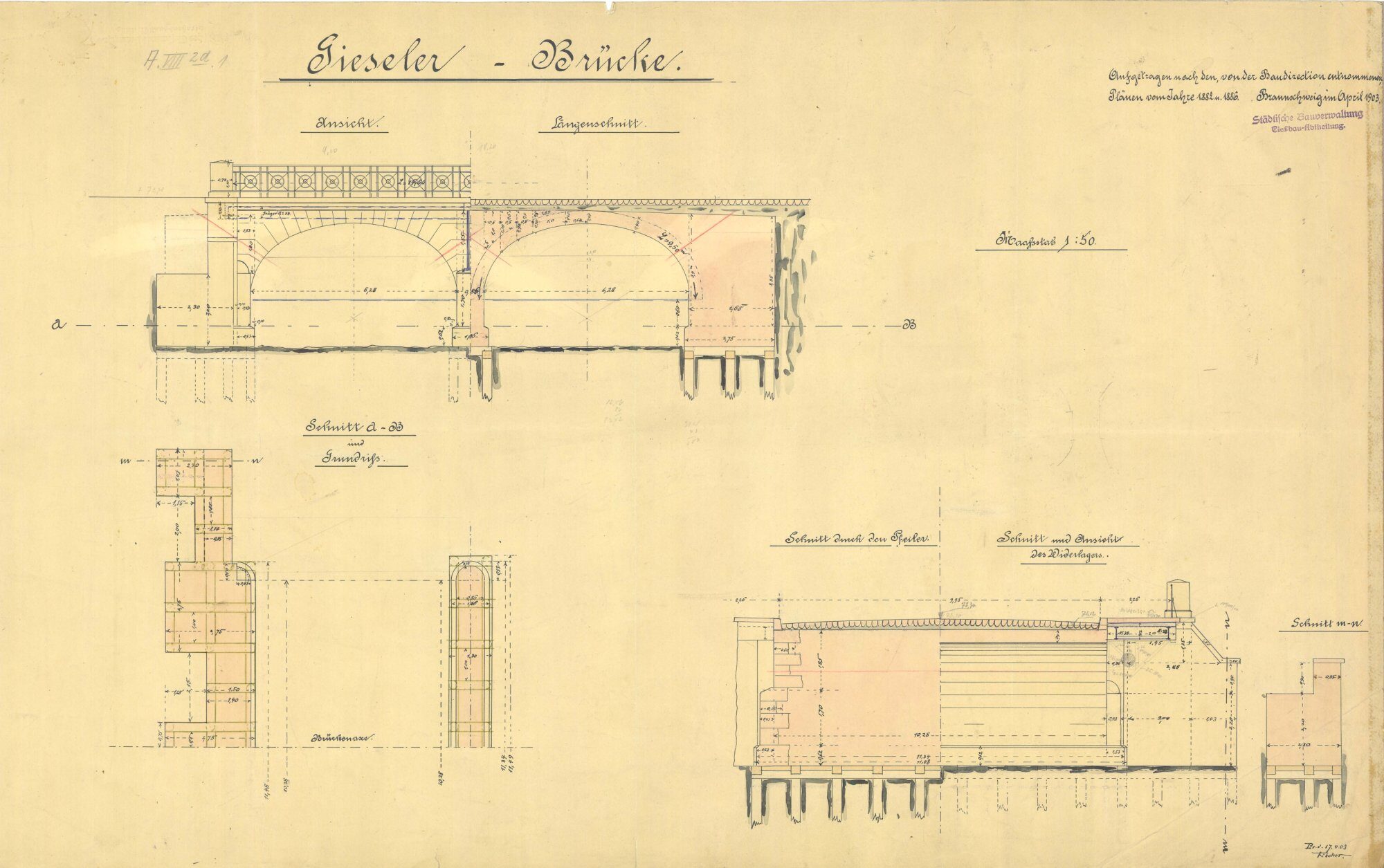 Gieselerbrücke, Bestandsplan, 1903 (Wird bei Klick vergrößert)