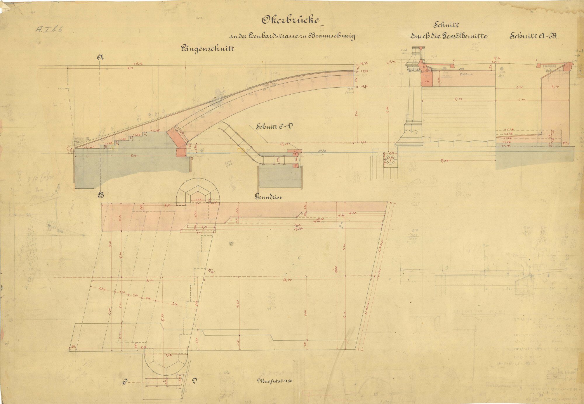 Leonhardbrücke, Ausführungsplan, Schnitte und Grundriss. 1885 (Wird bei Klick vergrößert)