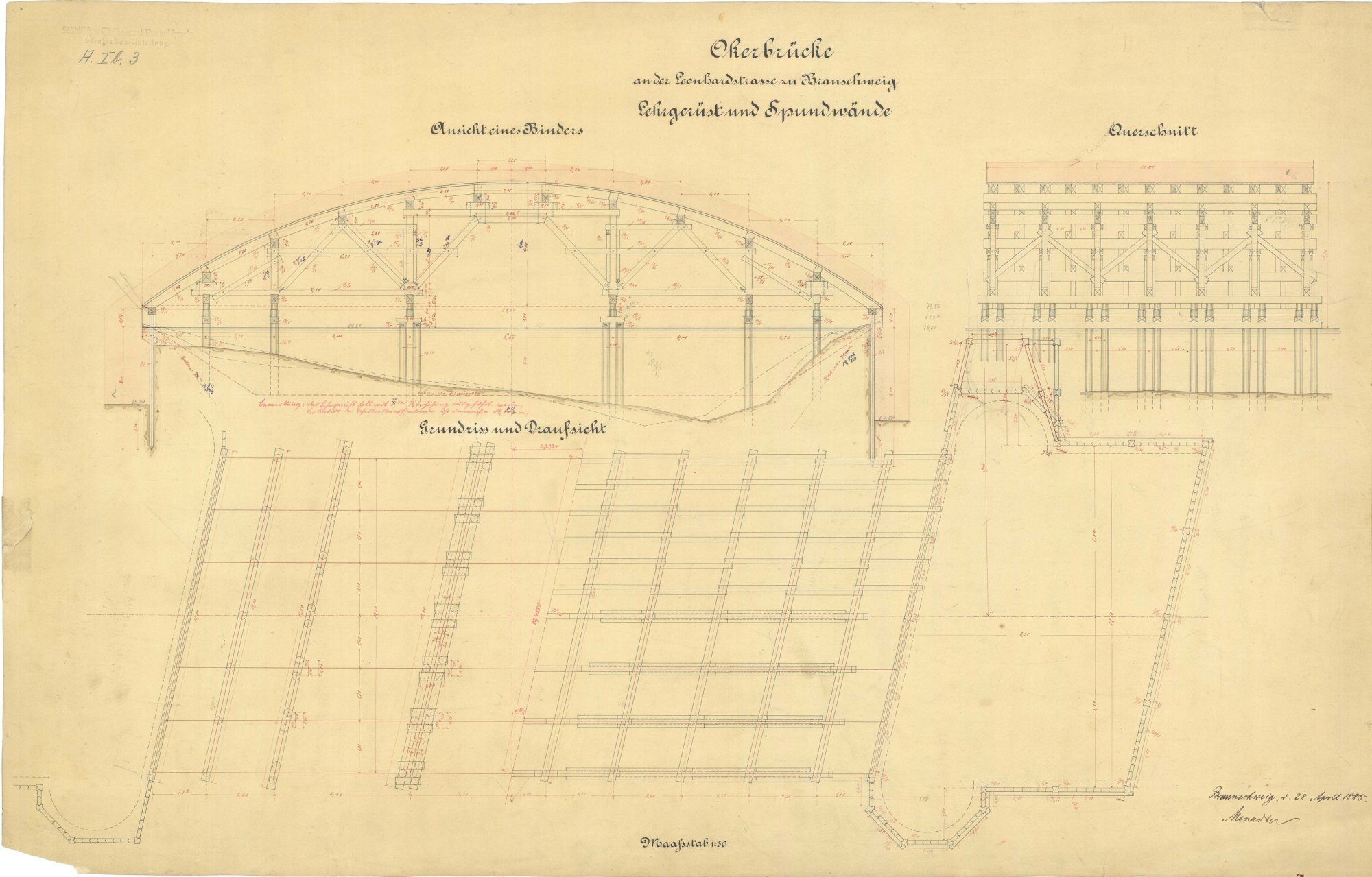 Leonhardbrücke, Lehrgerüstplan der Spundwände, 1885 (Wird bei Klick vergrößert)