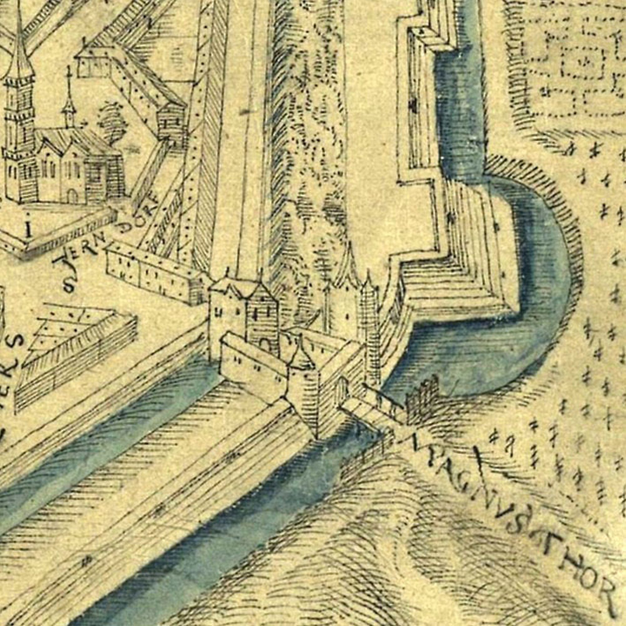 Leonhardbrücke, Stadtplan, 1606 (Wird bei Klick vergrößert)