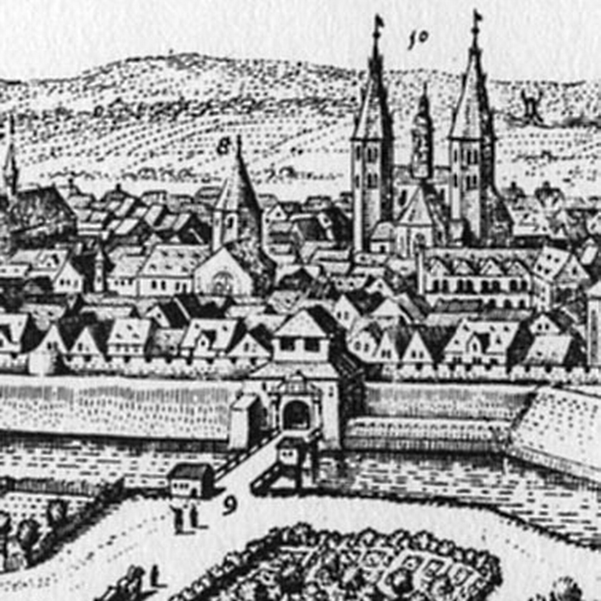 Leonhardbrücke, Ostansicht der alten Magnitorbrücke (im 18. Jahrhundert beseitigt), Merian 1654 (Wird bei Klick vergrößert)